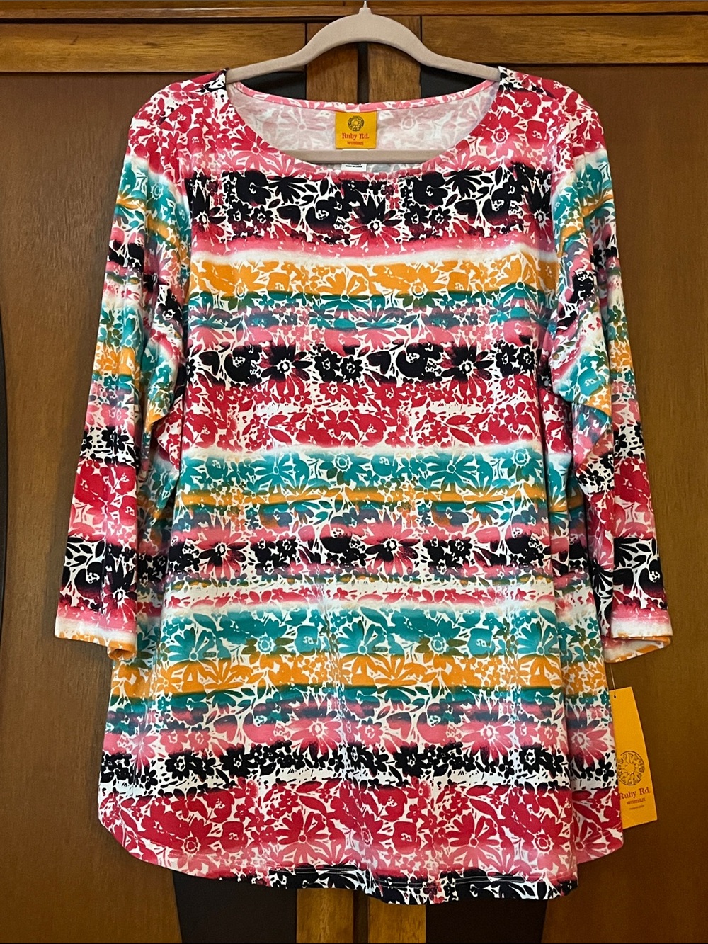 Ruby Rd. NWT Colorful Floral Stripe Top w/Bateau Neck-3/4 Sleeves-Curved Hem